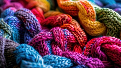 A vibrant and colorful close-up of knitted yarn showcasing various textures and patterns. Perfect for representing handmade crafts and textile artistry.