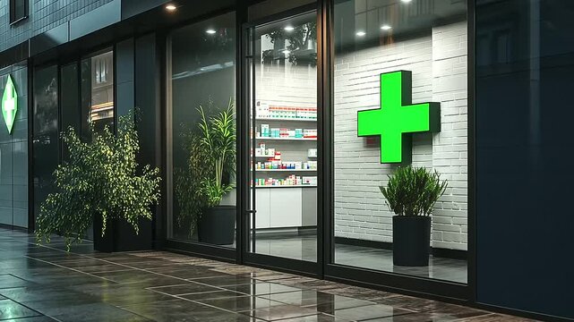 Entrance of a sleek modern building with a reflective glass facade, showcasing a white brick pharmacy with a glowing green cross sign and potted plants by the door