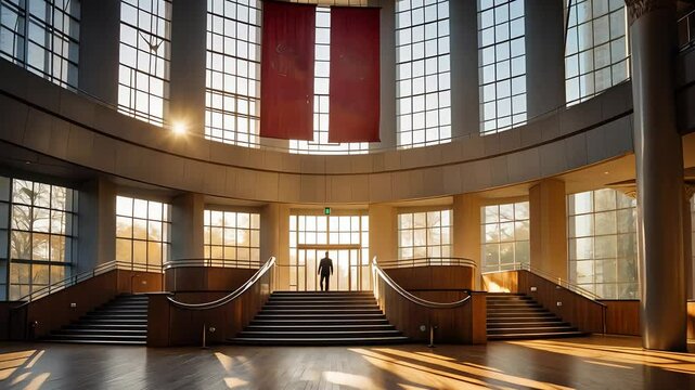 Spacious university atrium with tall windows, wide staircases, and a single person standing in sunlight beneath large hanging red banners

