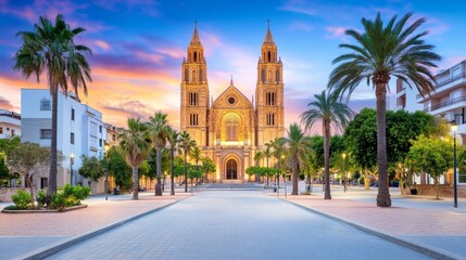 Fototapeta premium A majestic Gothic cathedral with intricate stone carvings and towering spires under a twilight sky