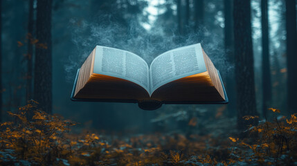 A book is open in the air with smoke coming out of it. The book is open to a page with a large number of words. Scene is mysterious and intriguing