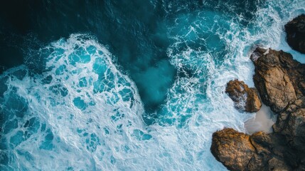 Obraz premium Aerial top view of sea and rocks, ocean blue waves crashing on shore, concept of nature, water, satellite picture.