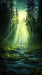Obraz premium Sunbeams illuminate mossy stream in dark forest