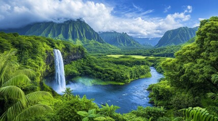 Fototapeta premium A majestic multi-tiered waterfall cascading down a lush green mountainside at sunrise