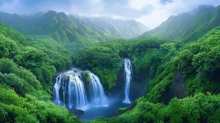 Fototapeta premium A majestic multi-tiered waterfall cascading down a lush green mountainside at sunrise