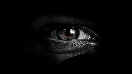 Close-up of a watchful eye in darkness.  Intense gaze