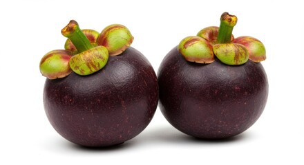 Obraz premium Two Mangosteen Fruits Close Up on White Background Healthy Eating