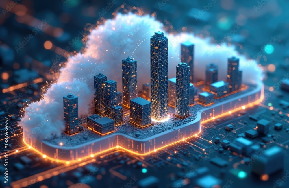Poster Futuristic cloud computing concept. Skyscrapers in cloud represent data storage. Data center building network technology. Modern digital cyberspace. AI generated illustration for digital business.