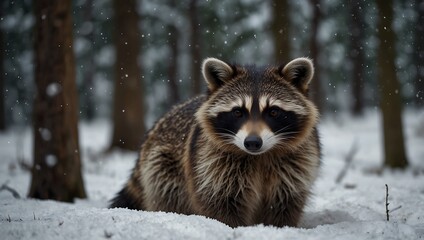 Obraz premium Raccoon Standing in Snowy Forest During Winter with Snowfall