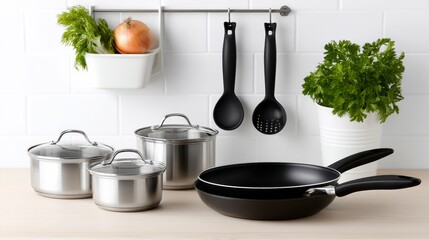 Kitchen with a variety of pots and pans, including a large black skillet and a set of three stainless steel pots