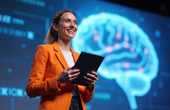 Happy female executive presents at tech conference. Woman holds tablet, speaks, smiles. Event focuses AI machine learning. Speaker showcases advanced tech on stage, discussing innovative solutions.