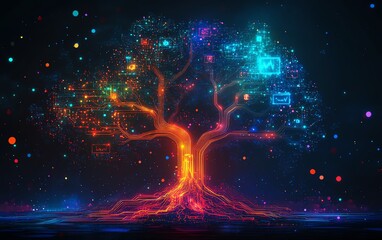 Fototapeta premium Glowing digital tree with vibrant nodes and connections.