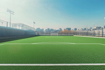 Bright and spacious soccer field with city skyline in the background during daytime