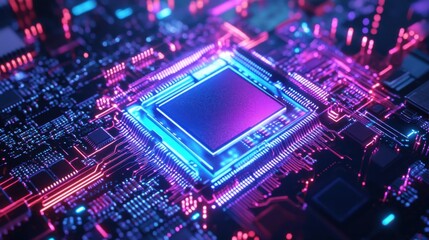 Obraz premium AI generated image of closeup of microchip of computer with blue and purple neon lights.