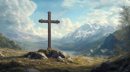 Christian cross on mountain peak with scenic landscape background religious faith and spirituality concept