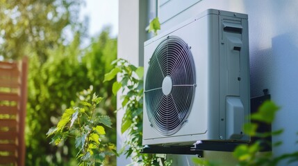 Air source heat pump installed in residential building. Sustainable and clean energy at home.