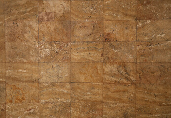 retro aged old brown tile wall, close up background. tiled concrete floor flooring texture backdrop. used in interior or exterior design. top front view.