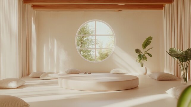 A circular arrangement of cushions in a meditation room creates a peaceful space that encourages mindfulness and relaxation, promoting a sense of serenity