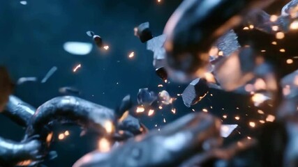 Strong metallic chain breaks apart, sending shards flying in all directions. This captivating display showcases power and energy in vibrant detail