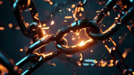 In this dramatic display, a chain breaks apart, unleashing bright sparks surrounded by intense energy. The captivating visuals capture the moment's raw power and impact