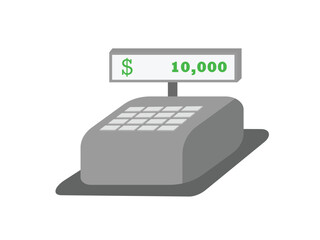 A cash register with a green sign that says $10,000. The image is in black and white and has a simple, minimalist design