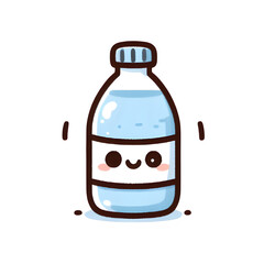 Happy water bottle character line art, brown, white and blue, joyful hydration illustration on white