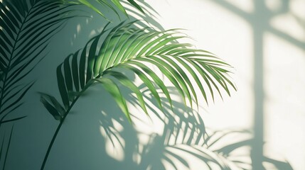 Fototapeta premium Sunlit green leaves casting shadows on a white wall