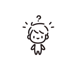 Questioning child line drawing, black and white, curious kid illustration against a white background