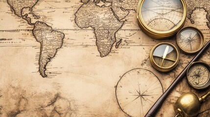 Antique world map with navigational tools