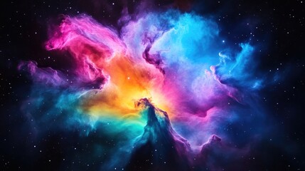 Fototapeta premium A vibrant cosmic nebula with swirling clouds of pink, blue, and orange gas glowing against a dark starry space background.