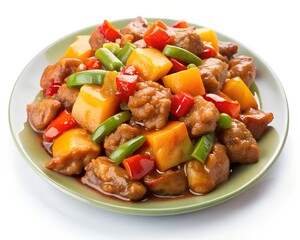 Sweet and Sour Delight: An appetizing plate showcases a colorful medley of sweet and sour pork, bursting with vibrant flavors and textures, from the juicy chunks of pineapple to the tender.