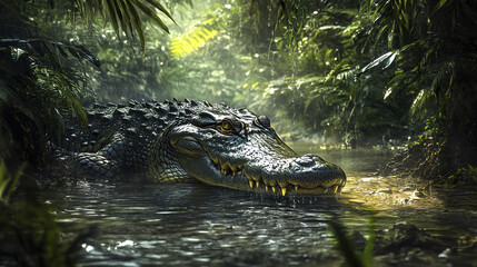 Fototapeta premium crocodile crawls through narrow jungle stream, surrounded by lush greenery