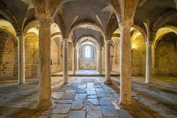 Interior sight in the beautiful and ancient Basilica of San Pietro in Tuscania. Province of Viterbo, Lazio, Italy. April-02-2025