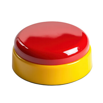 Glossy red push button, yellow plastic base control switch. 3D icon for emergency alert, game show buzzer UI isolated PNG with Transparent Background