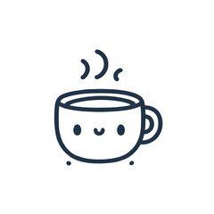 Smiling coffee cup line art, dark blue, happy beverage illustration on white