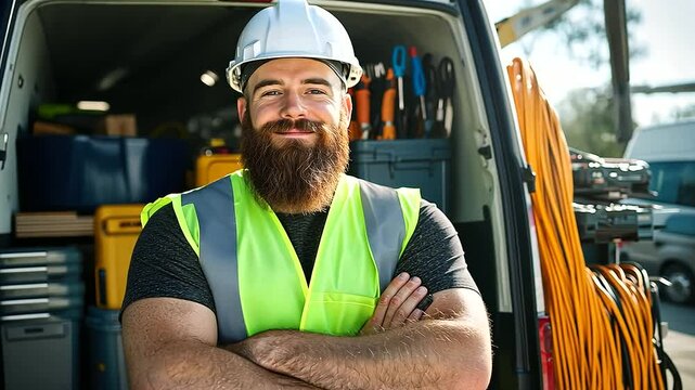 Bearded electrician wearing a safety vest and hard hat stands proudly next to his open van, sunlight highlighting the assortment of coiled wires, drills, and tool cases inside