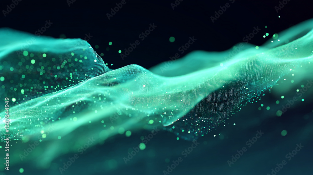 Fototapete Abstract teal wave pattern with floating particles on a dark background creating a dynamic effect