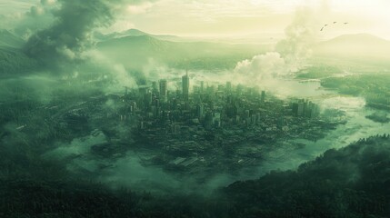 Naklejka premium Emerald Metropolis: A Cityscape Shrouded in Mists and Lush Landscapes