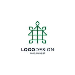 green building and foliage for eco-friendly, botanical and hydroponic housing logo