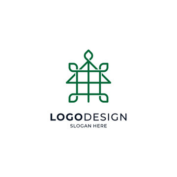 green building and foliage for eco-friendly, botanical and hydroponic housing logo