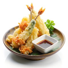 Golden Tempura: A beautifully presented assortment of delectable tempura, featuring succulent shrimp and vibrant vegetables, accompanied by a flavorful dipping sauce.