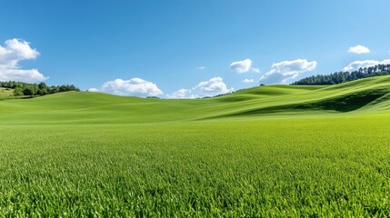 Fototapeta premium A vast, undulating field of vibrant green grass stretches to the horizon. Rolling hills create a gentle landscape under a bright blue sky dotted with fluffy white clouds. The image is high-resolutio