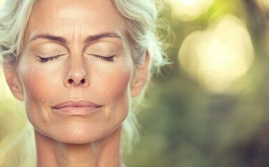 Fototapeta premium A close-up portrait captures the serene image of a middle-aged woman with closed eyes, immersed in deep contemplation