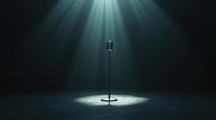 An empty stage with a microphone illuminated by a spotlight.