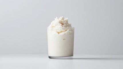 A glass of creamy dessert topped with whipped cream on a minimalist white background, and close-up composition highlighting texture and simplicity.