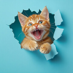 A happy cat bursting through a blue wall with a hole in the cente
