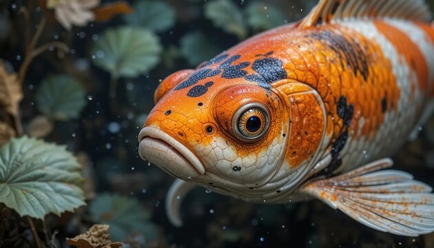 A stunning close-up photograph of a vibrant Kohaku Koi fish, showcasing its intricate red and white patterns against a sleek black background. The image captures the elegance and beauty of this orname