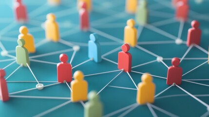 Colorful 3D network of interconnected people figures.