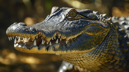 Fototapeta premium Crocodile with strong jawline viewed from low angle, sharp teeth visible