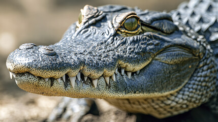 Obraz premium Close up of crocodile with strong jawline and textured skin